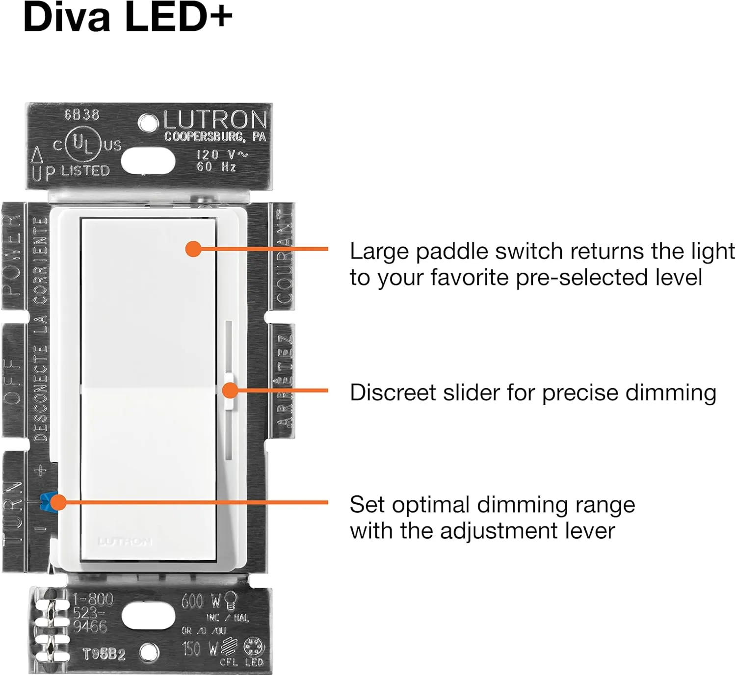 Lutron Diva LED  Dimmer Switch for Dimmable LED, Halogen and Incandescent Bulbs, 150 Watt, Single-Pole or 3-Way, DVCL-153P-WH-3-A, White, 3 Pack