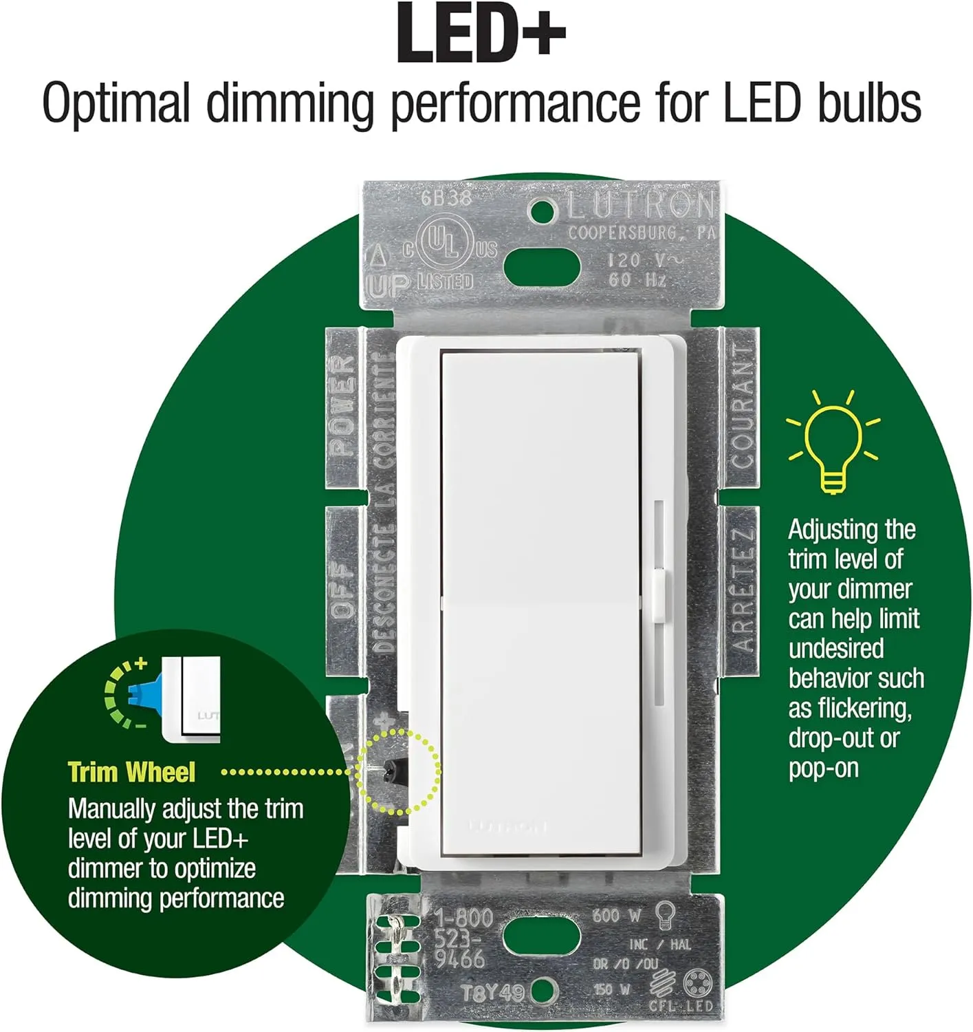 Lutron Diva LED  Dimmer Switch for Dimmable LED, Halogen and Incandescent Bulbs, 150 Watt, Single-Pole or 3-Way, DVCL-153P-WH-3-A, White, 3 Pack