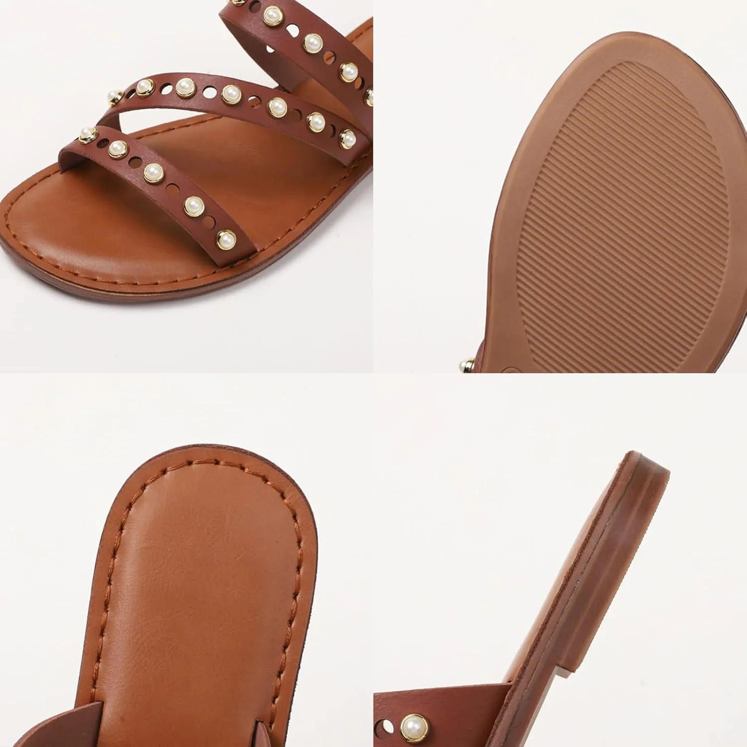 Lymphvity Women's Rivet Flat Slide Sandals Open Toe Studded Slip-on Strapy Flat Sandals for Summer Comfort Memory Foam Non-Slip Beach Shoes