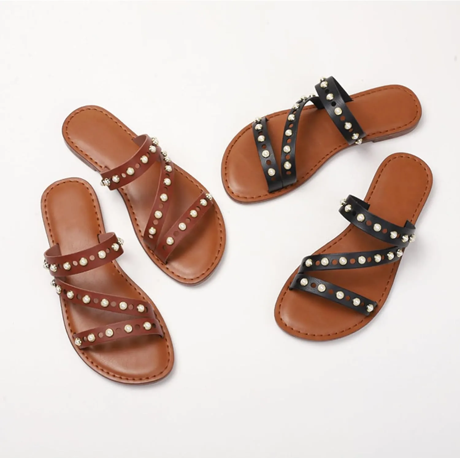 Lymphvity Women's Rivet Flat Slide Sandals Open Toe Studded Slip-on Strapy Flat Sandals for Summer Comfort Memory Foam Non-Slip Beach Shoes