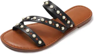Lymphvity Women's Rivet Flat Slide Sandals Open Toe Studded Slip-on Strapy Flat Sandals for Summer Comfort Memory Foam Non-Slip Beach Shoes