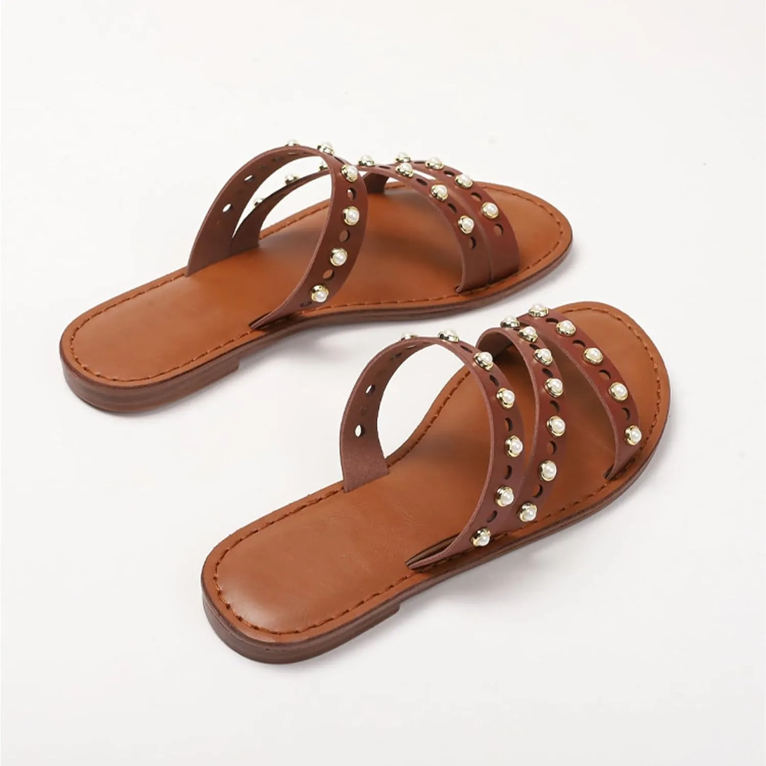 Lymphvity Women's Rivet Flat Slide Sandals Open Toe Studded Slip-on Strapy Flat Sandals for Summer Comfort Memory Foam Non-Slip Beach Shoes