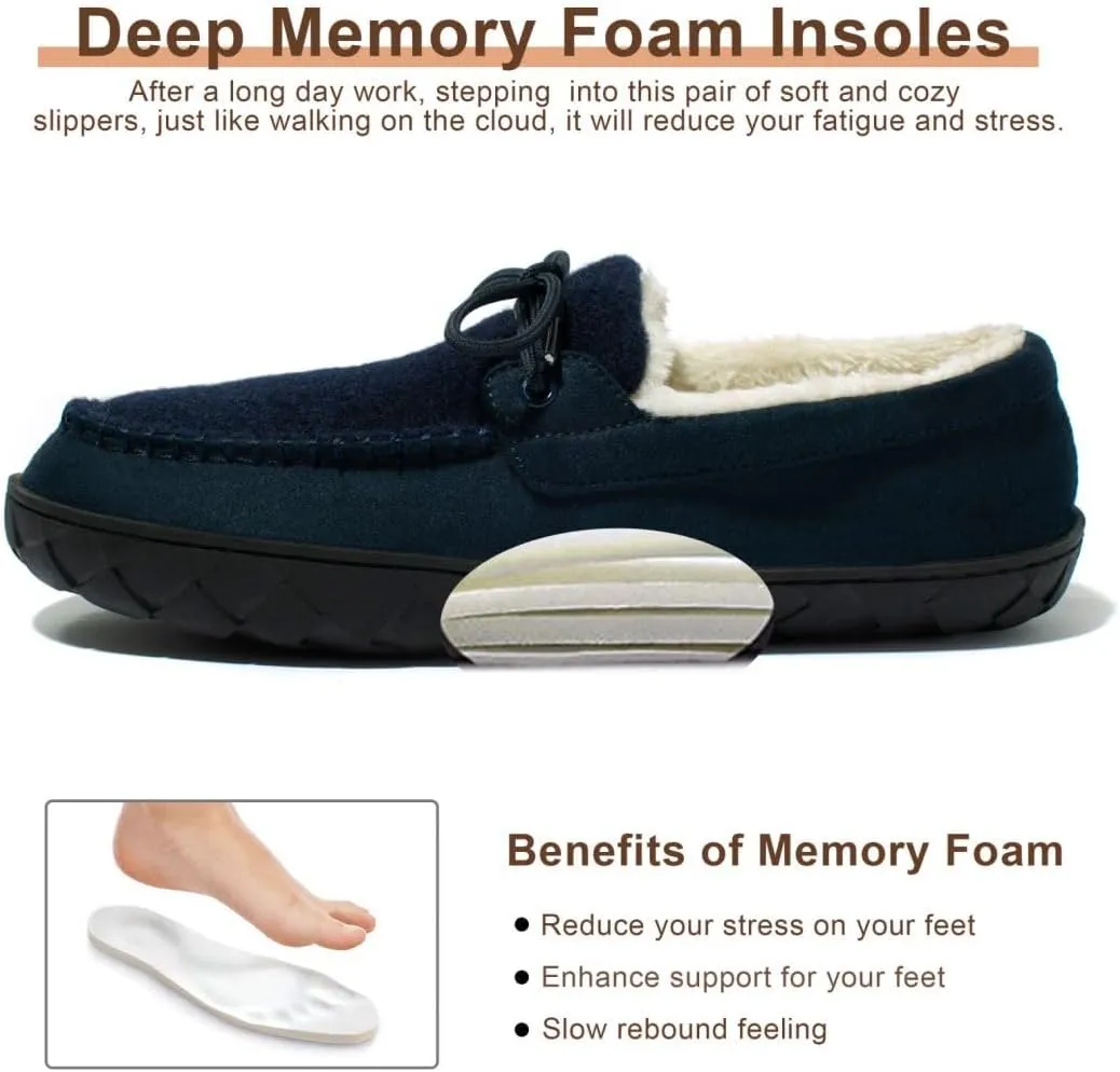MAINCH Mens Moccasin Slippers with Memory Foam Insoles Warm Furry Lining Indoor Outdoor Size 7-16