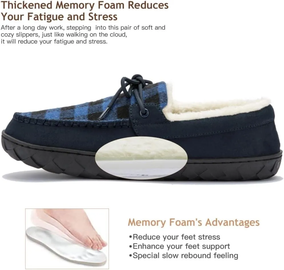 MAINCH Mens Moccasin Slippers with Memory Foam Insoles Warm Furry Lining Indoor Outdoor Size 7-16