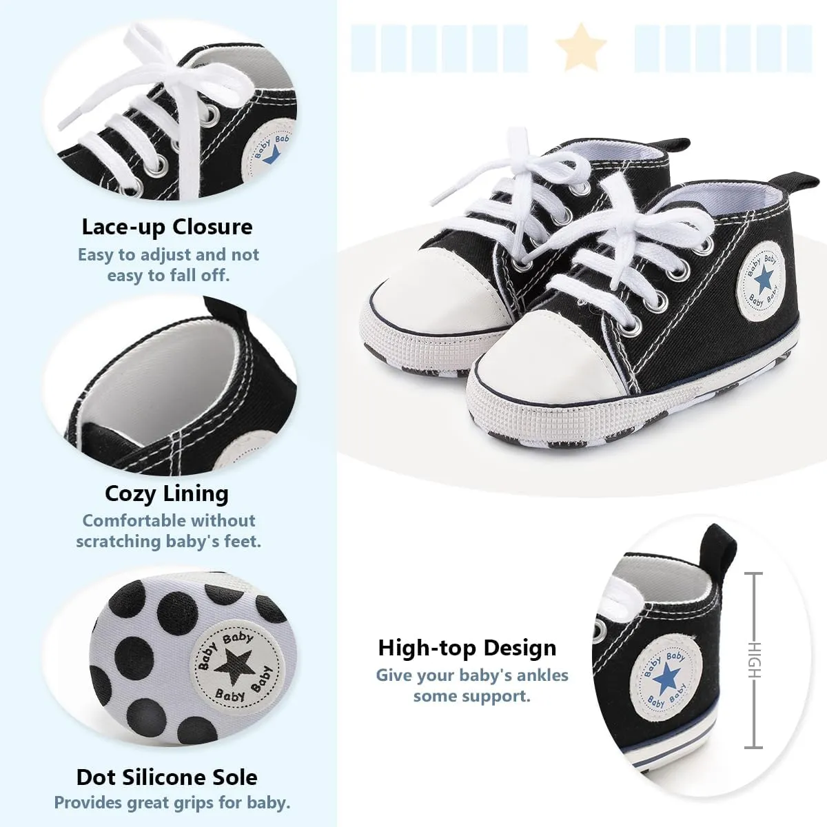 Meckior Baby Girls Boys Canvas Sneakers Soft Sole High-Top Ankle Infant First Walkers Crib Shoes