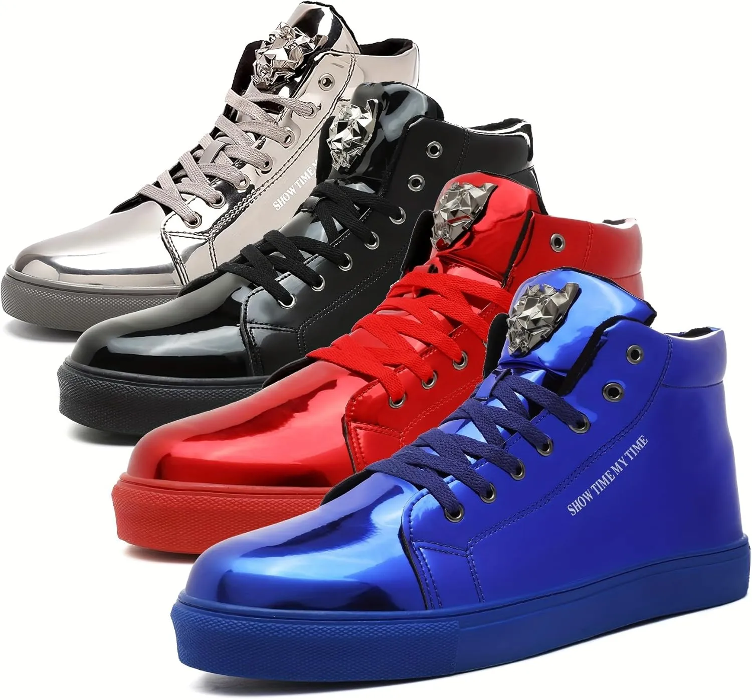 Men Fashion Sneakers for Men High Top Lace-up Shiny Shoes for Motorcycle Metallic Sneakers Sequin