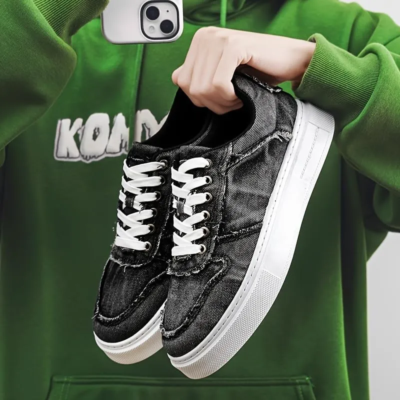 Men's Casual Street Sneakers - Solid Color Low Top Lace-Up Shoes with Fabric Upper,