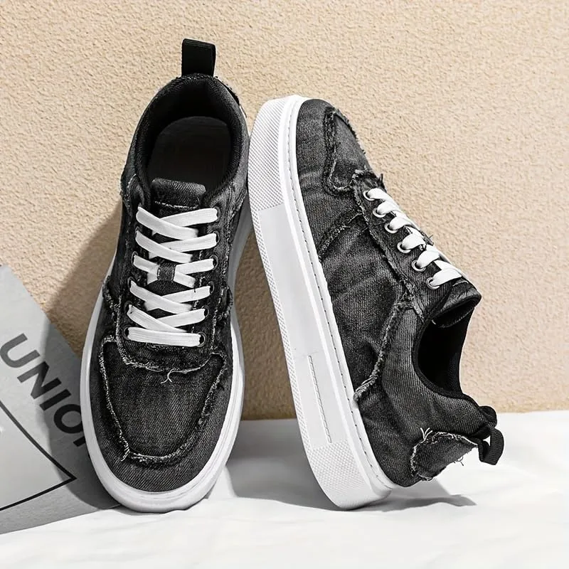 Men's Casual Street Sneakers - Solid Color Low Top Lace-Up Shoes with Fabric Upper,