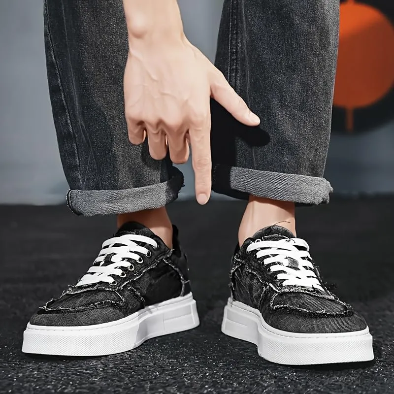 Men's Casual Street Sneakers - Solid Color Low Top Lace-Up Shoes with Fabric Upper,