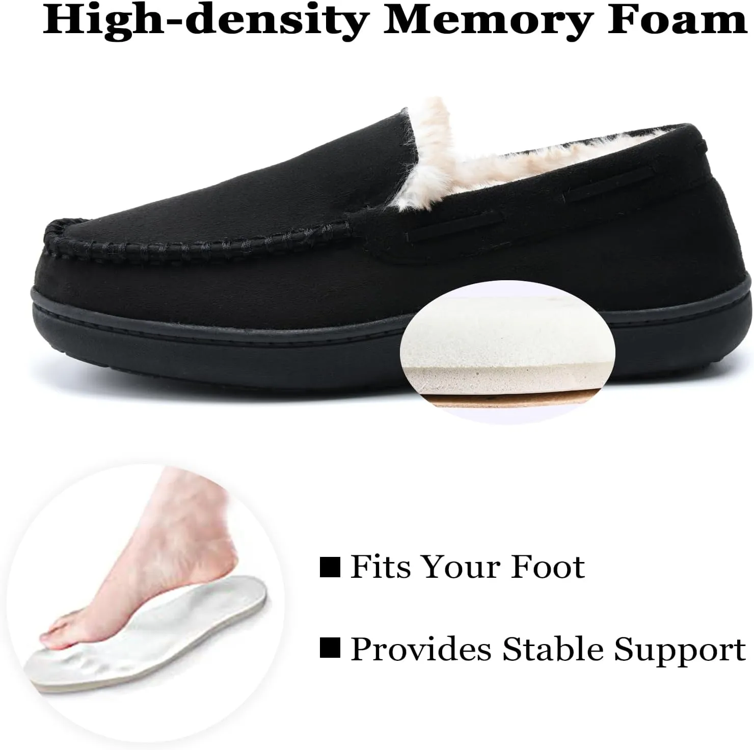 Men's Fuzzy Moccasin House Slippers Memory Foam, Cozy Mens Fluffy Warm Indoor Slippers Closed Back for Winter, Non-Slip Soft Comfy Bedroom Slippers for Men
