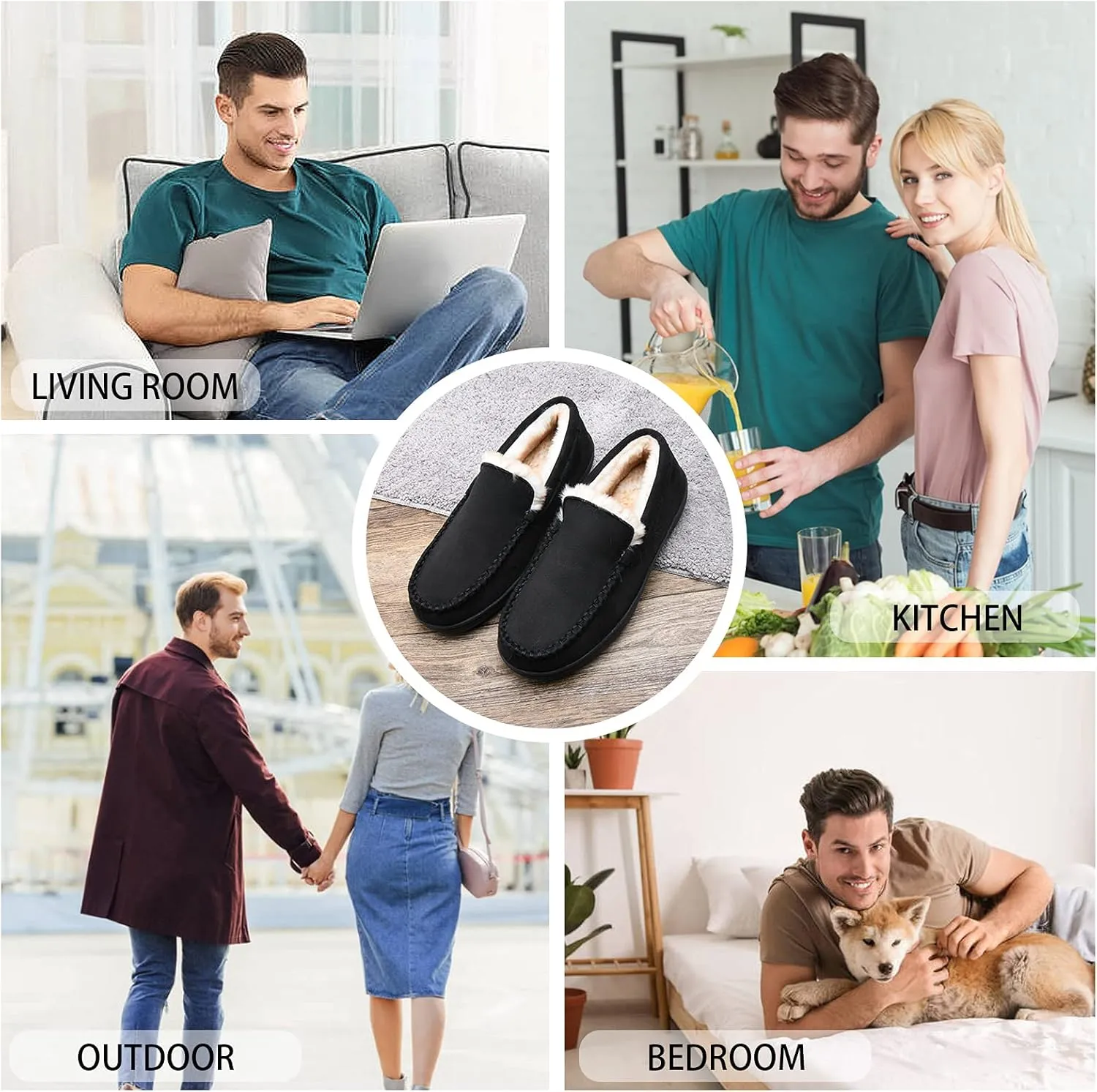 Men's Fuzzy Moccasin House Slippers Memory Foam, Cozy Mens Fluffy Warm Indoor Slippers Closed Back for Winter, Non-Slip Soft Comfy Bedroom Slippers for Men