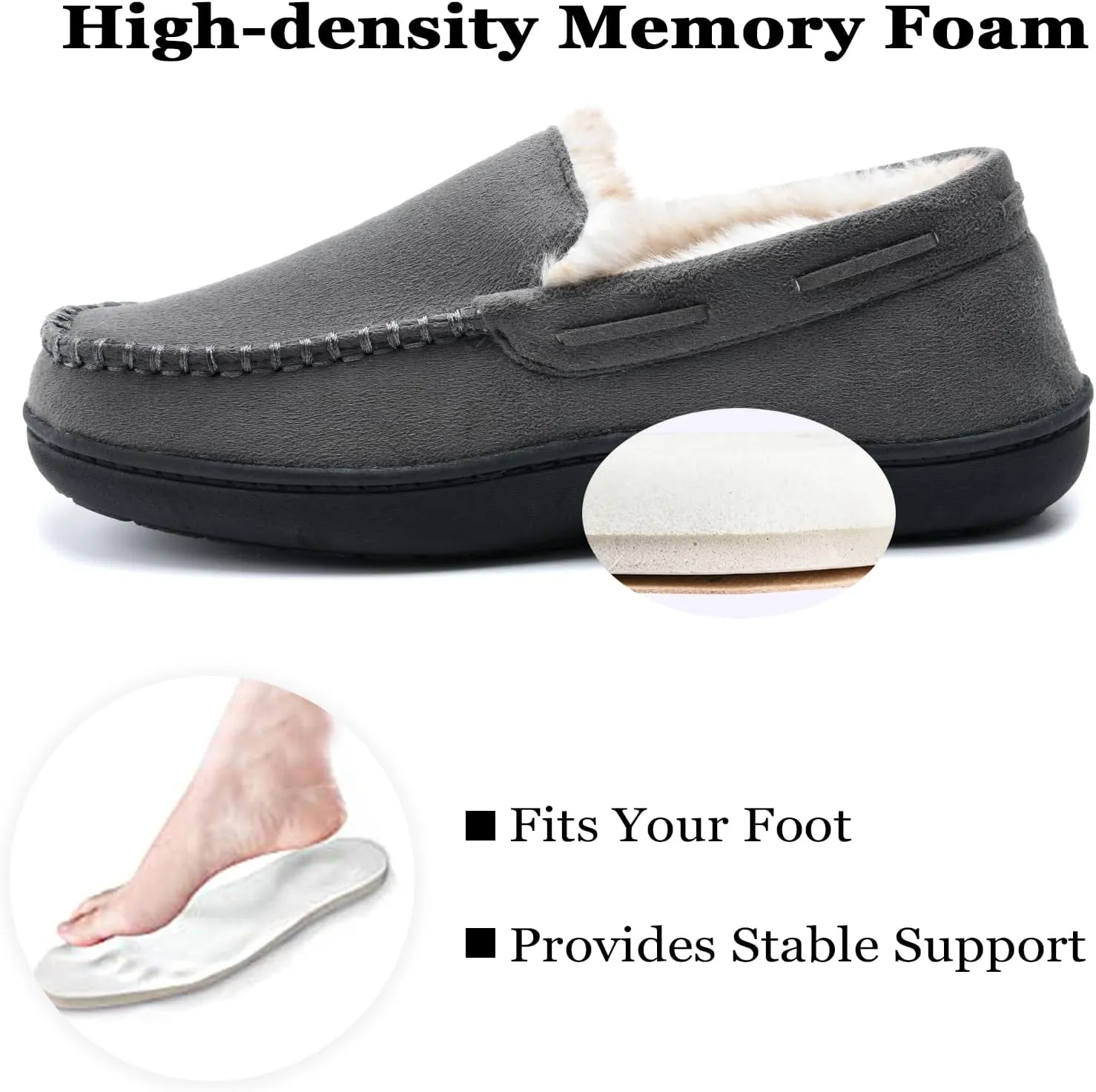 Men's Fuzzy Moccasin House Slippers Memory Foam, Cozy Mens Fluffy Warm Indoor Slippers Closed Back for Winter, Non-Slip Soft Comfy Bedroom Slippers for Men