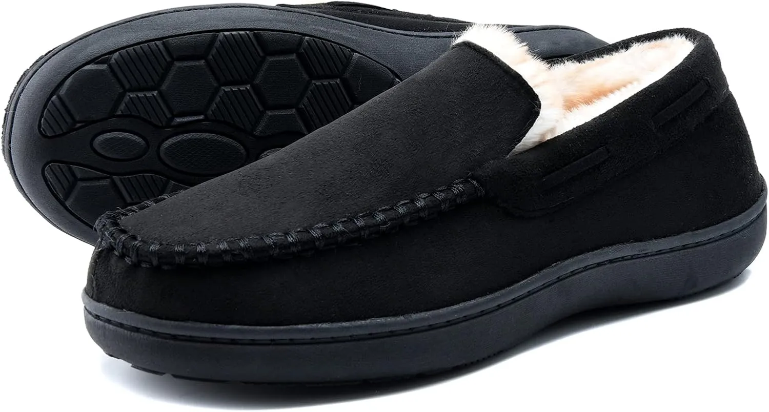 Men's Fuzzy Moccasin House Slippers Memory Foam, Cozy Mens Fluffy Warm Indoor Slippers Closed Back for Winter, Non-Slip Soft Comfy Bedroom Slippers for Men