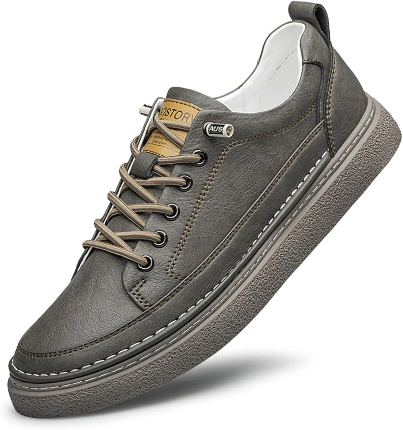 Men's Genuine Leather Fashion Sneakers Simple Handmade Low Top Round-Toe Elastic Lace Up Slip On Casual Shoes Comfortable Classic Tennis Shoes