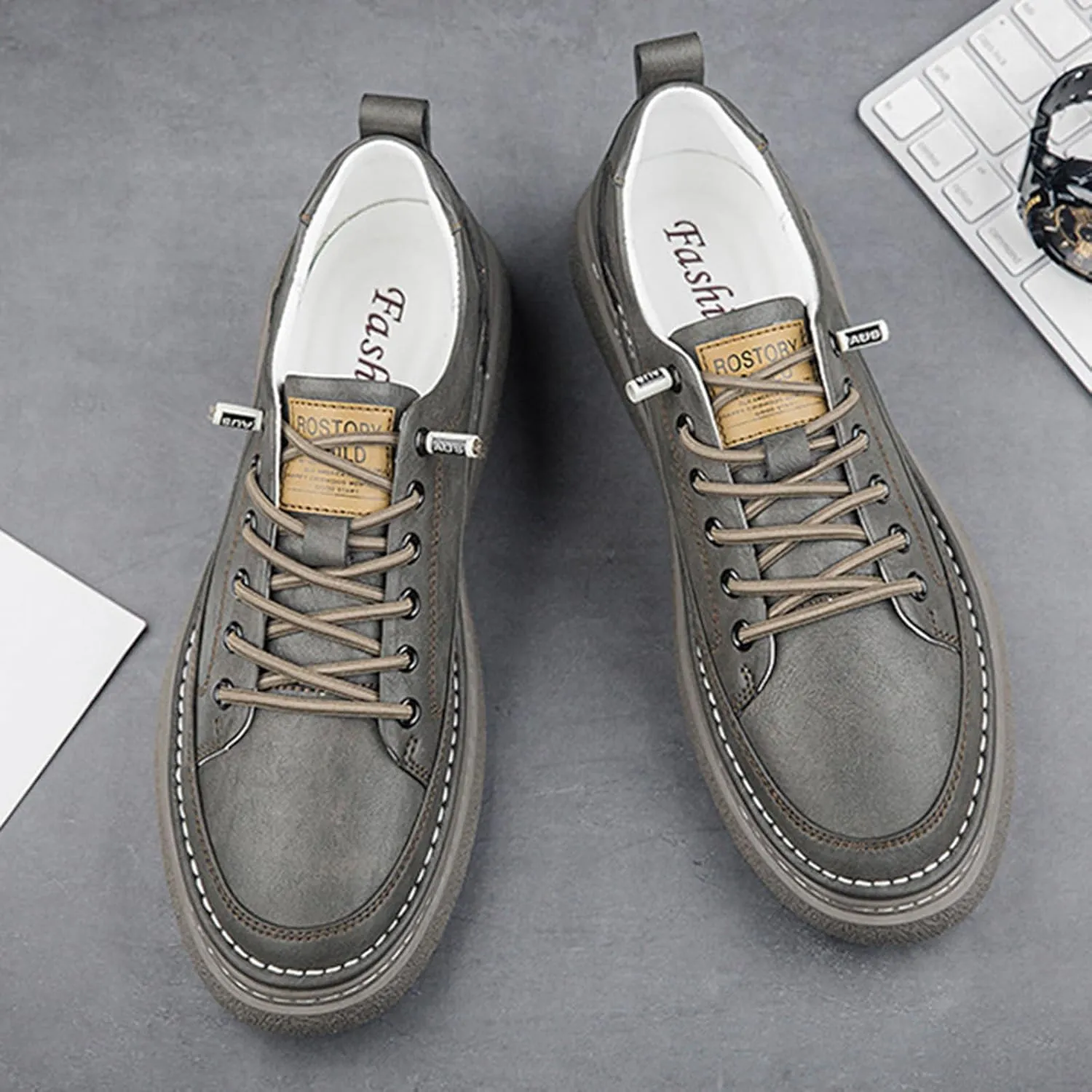 Men's Genuine Leather Fashion Sneakers Simple Handmade Low Top Round-Toe Elastic Lace Up Slip On Casual Shoes Comfortable Classic Tennis Shoes