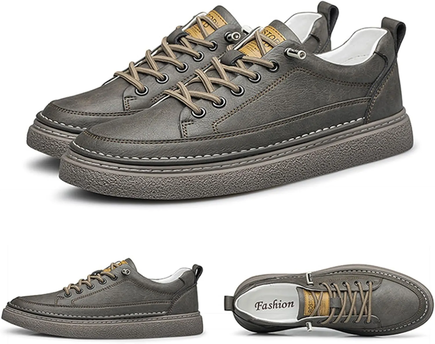 Men's Genuine Leather Fashion Sneakers Simple Handmade Low Top Round-Toe Elastic Lace Up Slip On Casual Shoes Comfortable Classic Tennis Shoes