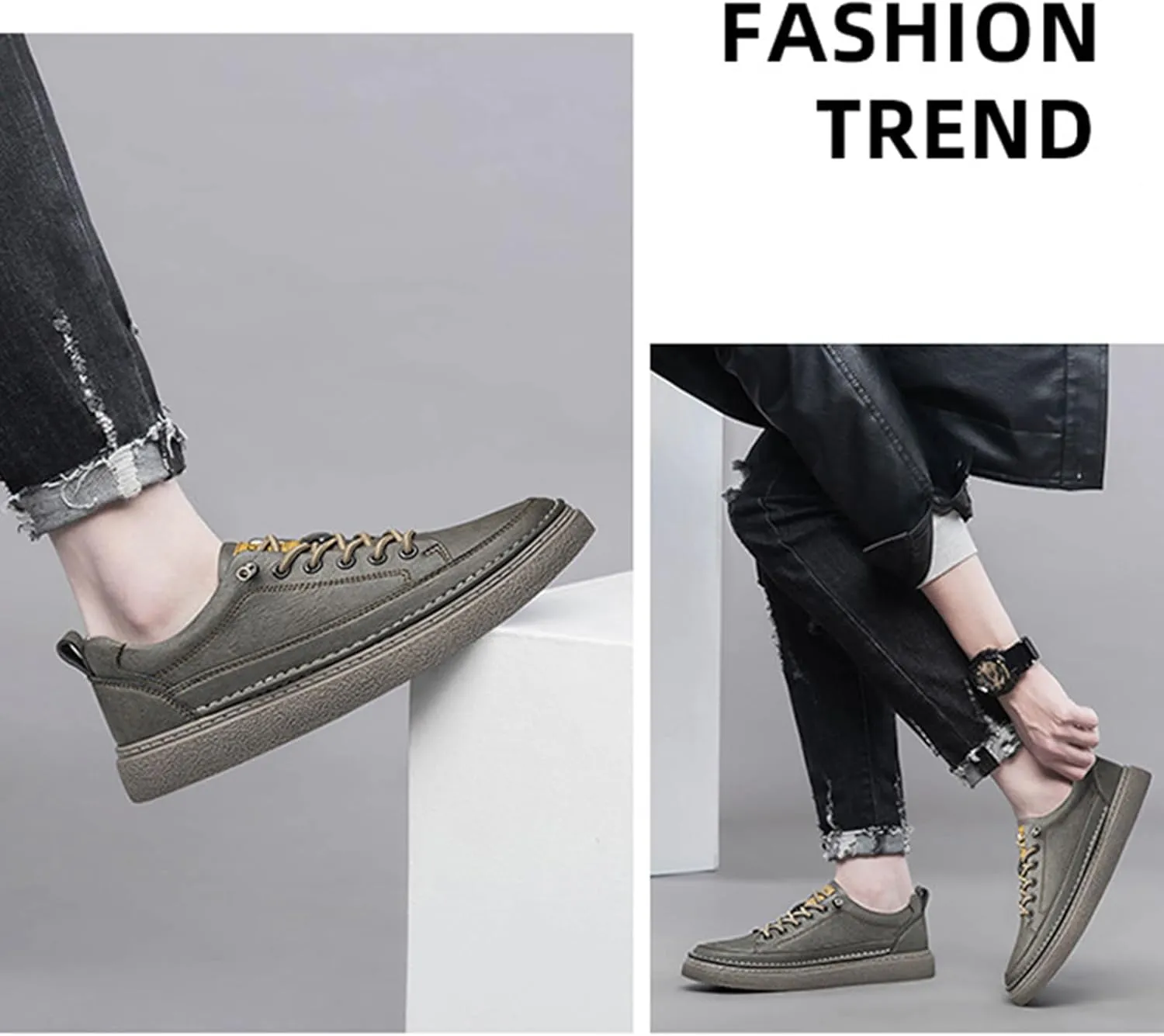 Men's Genuine Leather Fashion Sneakers Simple Handmade Low Top Round-Toe Elastic Lace Up Slip On Casual Shoes Comfortable Classic Tennis Shoes