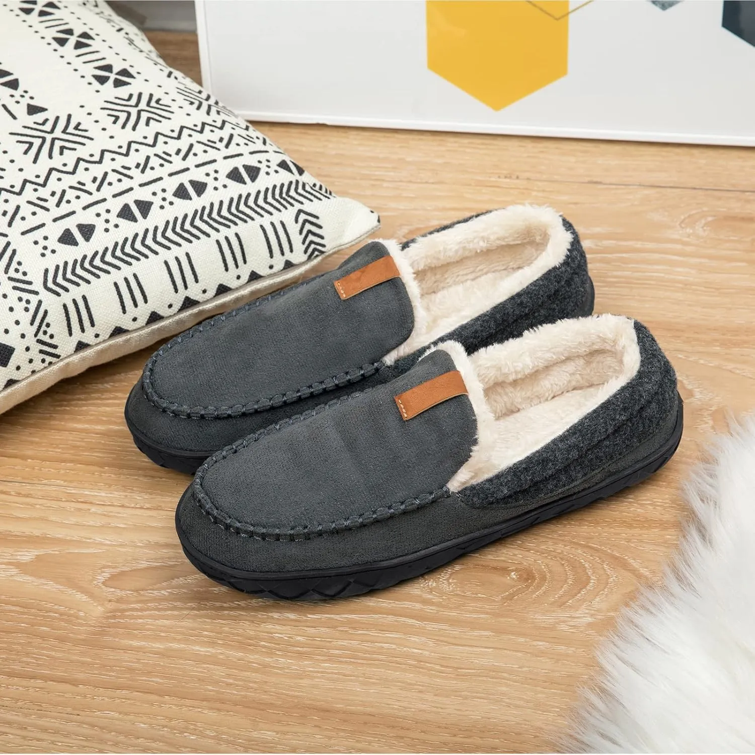 Mens Moccasin Slippers Memory Foam Suede House Slippers for Men with Soft Fleece Lining Anti-Skid Sole Indoor Outdoor House Shoes