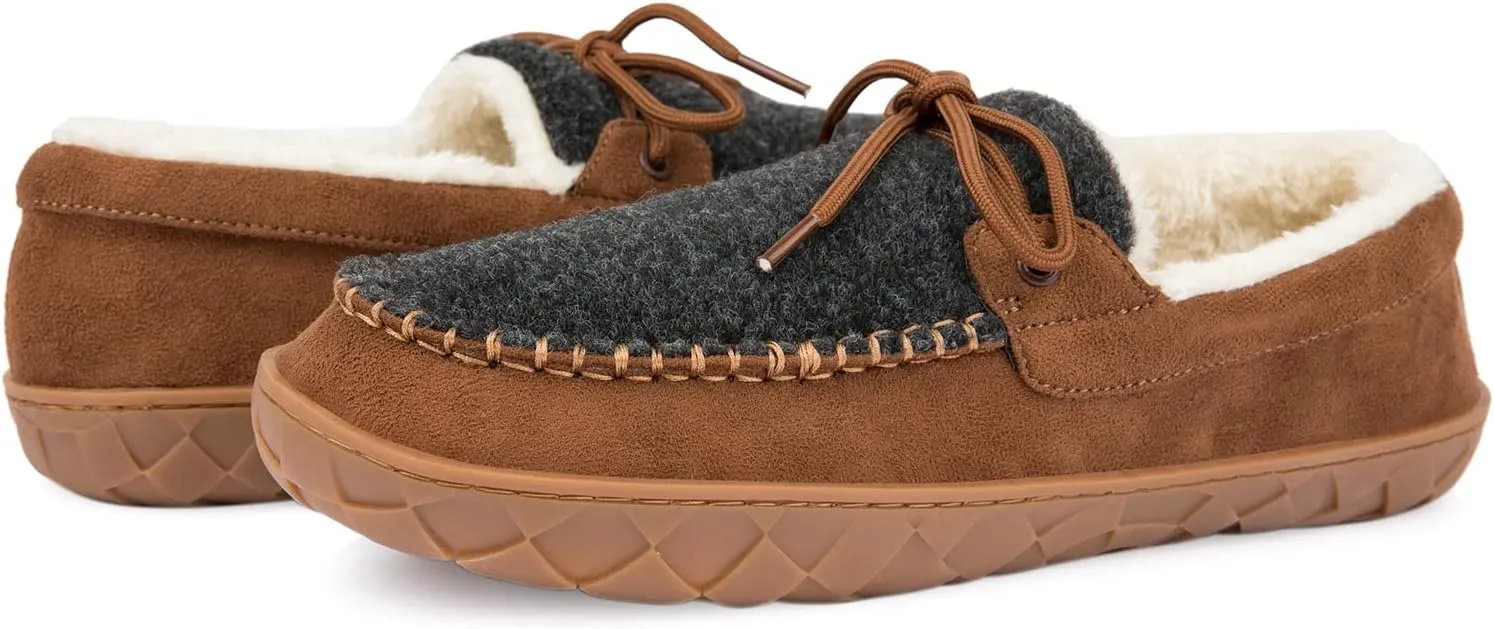 Mens Moccasin Slippers Memory Foam Suede House Slippers for Men with Soft Fleece Lining Anti-Skid Sole Indoor Outdoor House Shoes