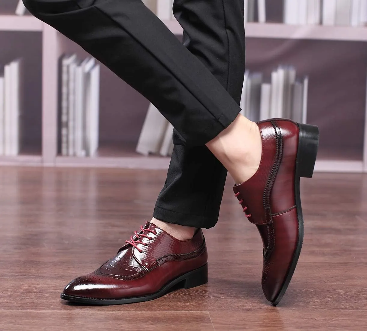 Men's Oxfords Wingtip Formal Leather Prom Dress Wedding Shoes for Men Black Brown Red
