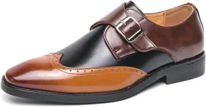 Men's Patchwork Leather Slip-On Brogues Oxford Shoes Fashion Wingtips Two Tone Monk Strap Chunky Heel Business Dress Loafer Round-Toe Lace up Low Top Formal Work Shoes