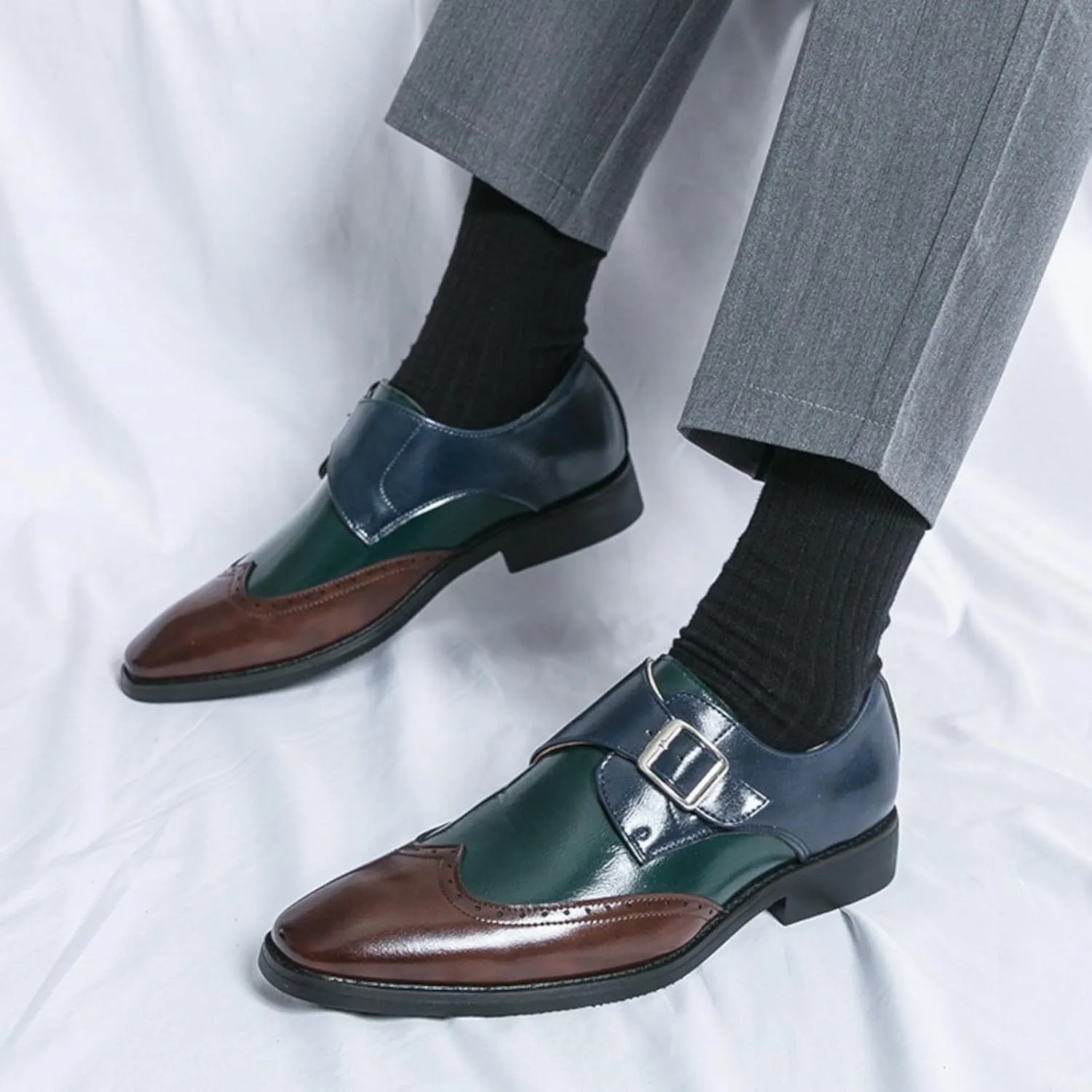 Men's Patchwork Leather Slip-On Brogues Oxford Shoes Fashion Wingtips Two Tone Monk Strap Chunky Heel Business Dress Loafer Round-Toe Lace up Low Top Formal Work Shoes