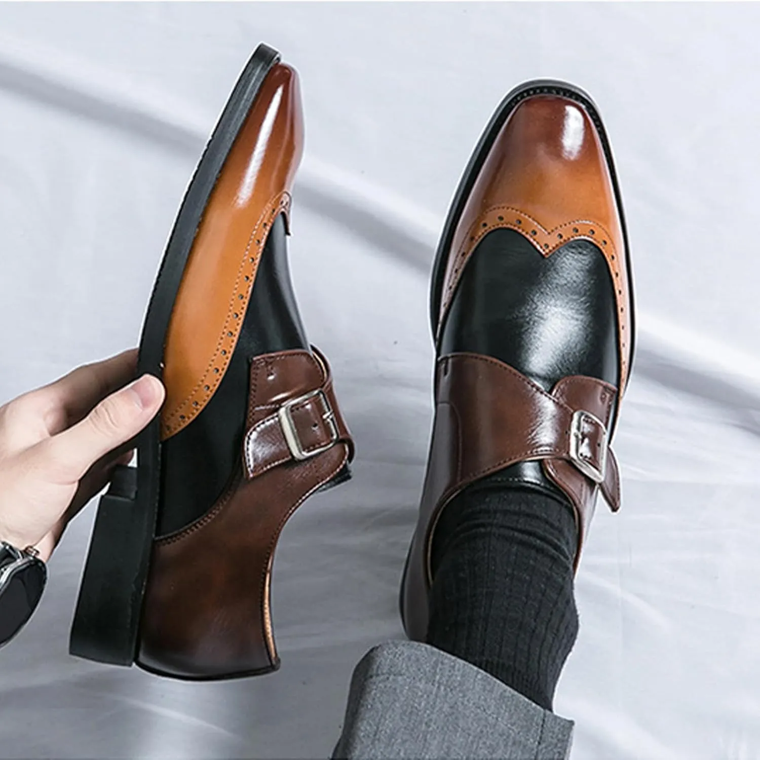 Men's Patchwork Leather Slip-On Brogues Oxford Shoes Fashion Wingtips Two Tone Monk Strap Chunky Heel Business Dress Loafer Round-Toe Lace up Low Top Formal Work Shoes
