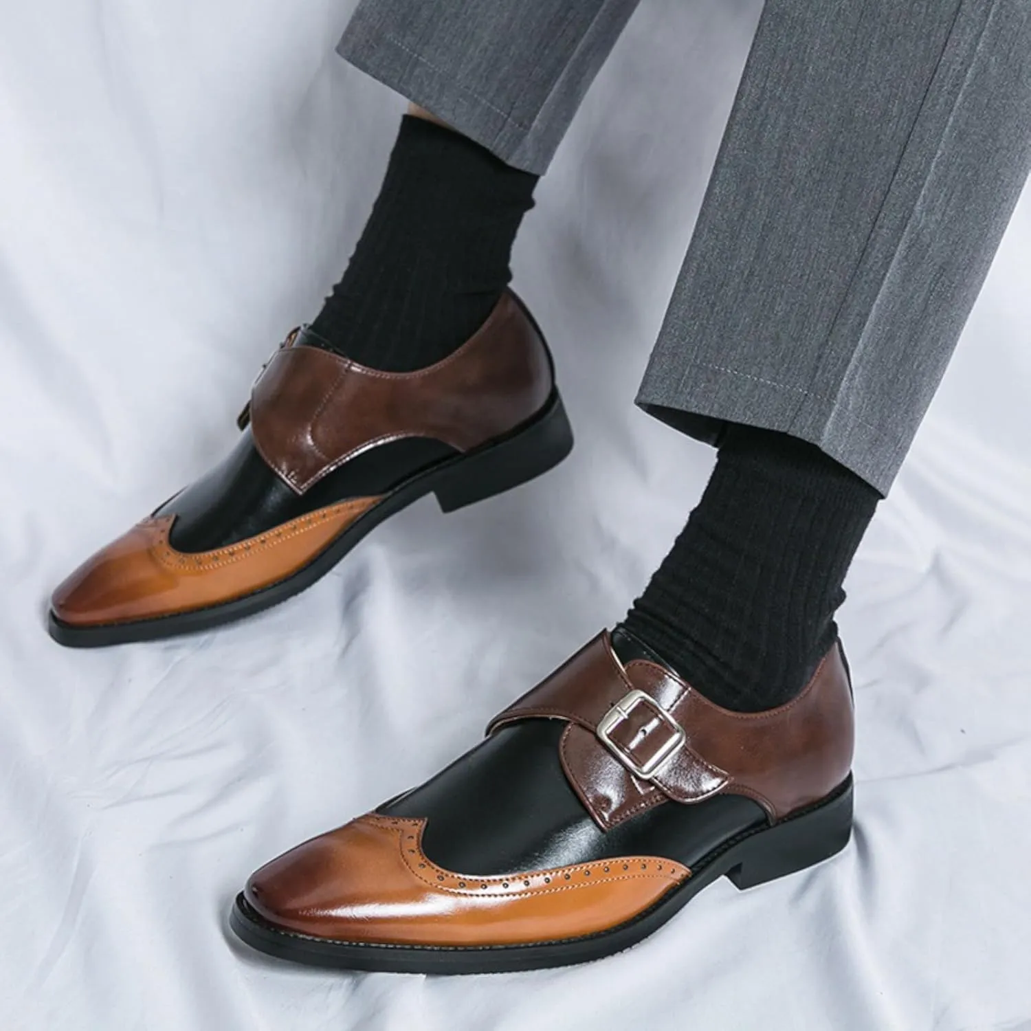 Men's Patchwork Leather Slip-On Brogues Oxford Shoes Fashion Wingtips Two Tone Monk Strap Chunky Heel Business Dress Loafer Round-Toe Lace up Low Top Formal Work Shoes