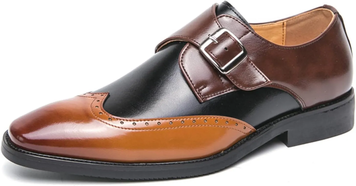 Men's Patchwork Leather Slip-On Brogues Oxford Shoes Fashion Wingtips Two Tone Monk Strap Chunky Heel Business Dress Loafer Round-Toe Lace up Low Top Formal Work Shoes