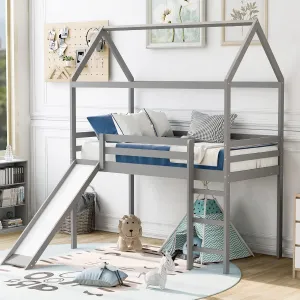 Merax House Shaped Loft Bed with Slide, Beds Frame with Ladder and Slats No Box Spring Needed for Boys or Girls, Twin Size