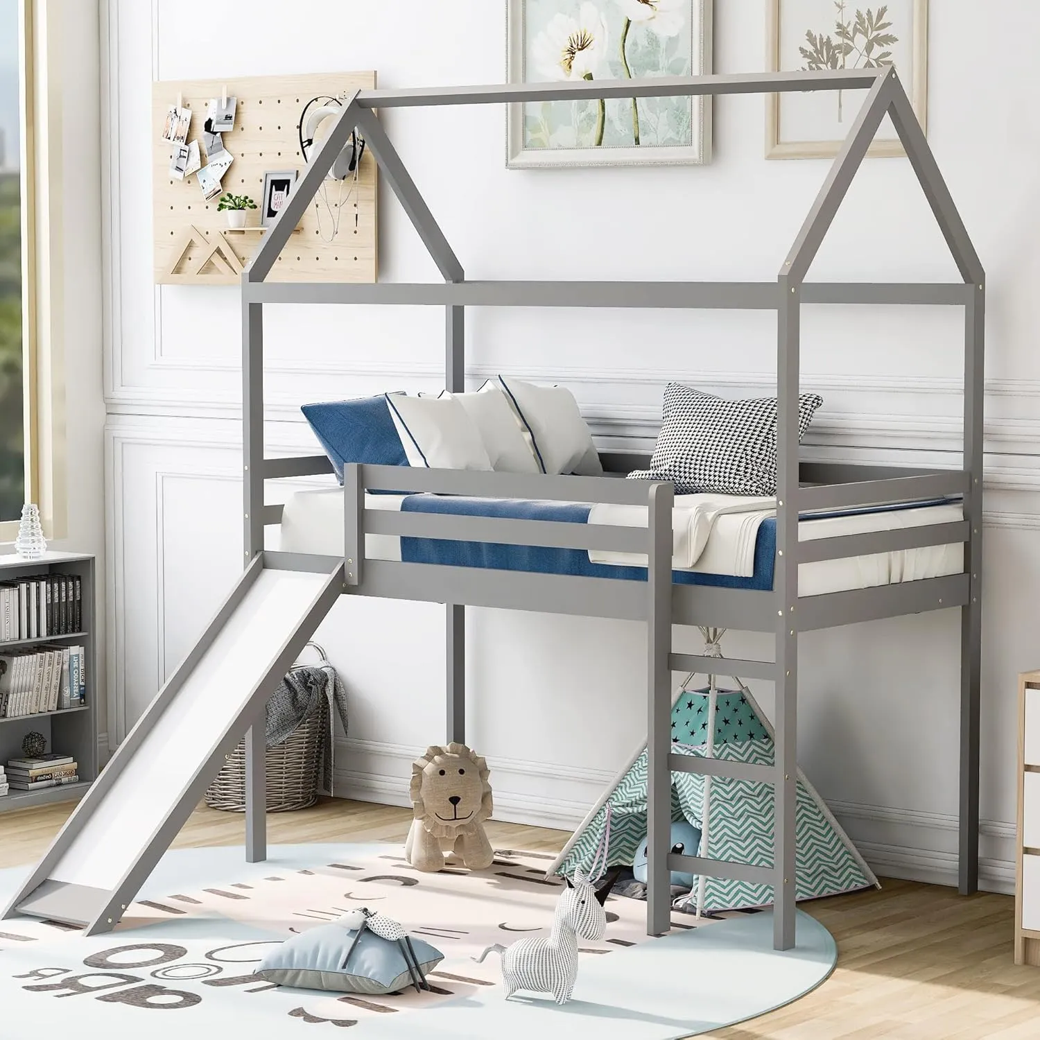 Merax House Shaped Loft Bed with Slide, Beds Frame with Ladder and Slats No Box Spring Needed for Boys or Girls, Twin Size