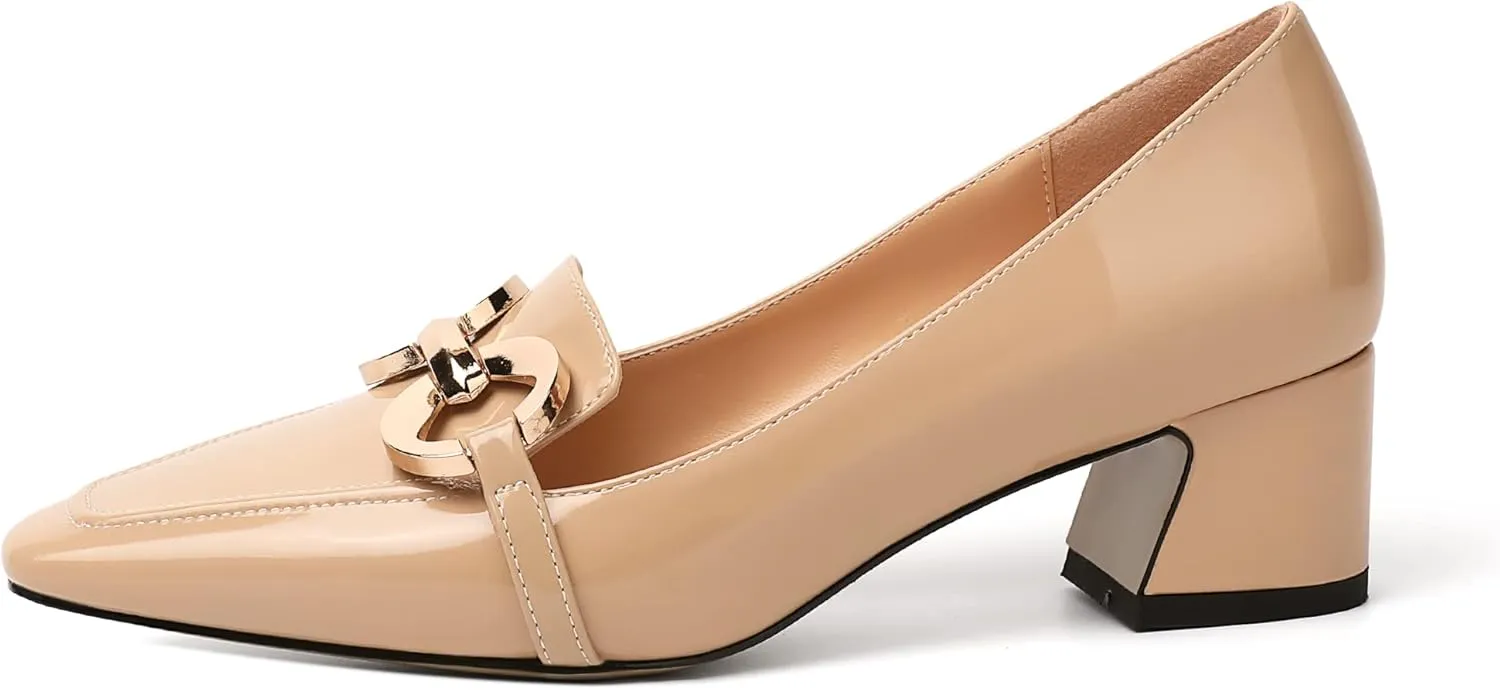 Mettesally Womens Square Toe Block Heels Mid Chunky Heel Loafer Pumps Slip On Chain Dress Comfortable Prom Shoes
