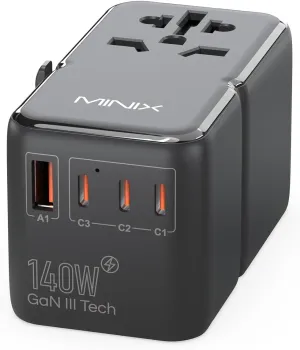 MINIX TP140 Universal Travel Adapter with 140W PD Ports GaN Technology International AC Socket with 1 USB-A and 3 USB-C Port,worldwild Adapter with Fast Charger PD3.1, QC4 , 659HF