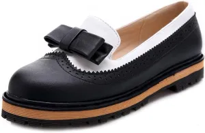 MIOKE Women's Flat Bow Slip On Oxford Shoes Two Tone Wingtip Perforated Low Heels School Oxfords Brogues