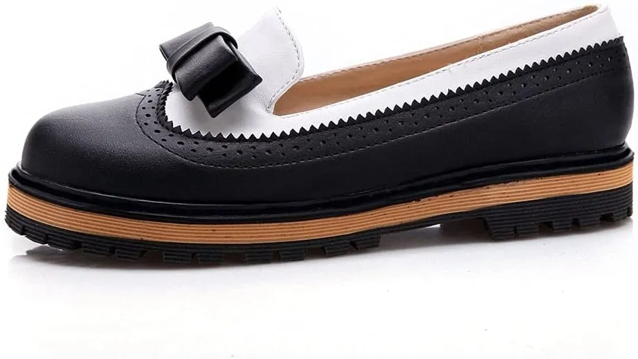 MIOKE Women's Flat Bow Slip On Oxford Shoes Two Tone Wingtip Perforated Low Heels School Oxfords Brogues