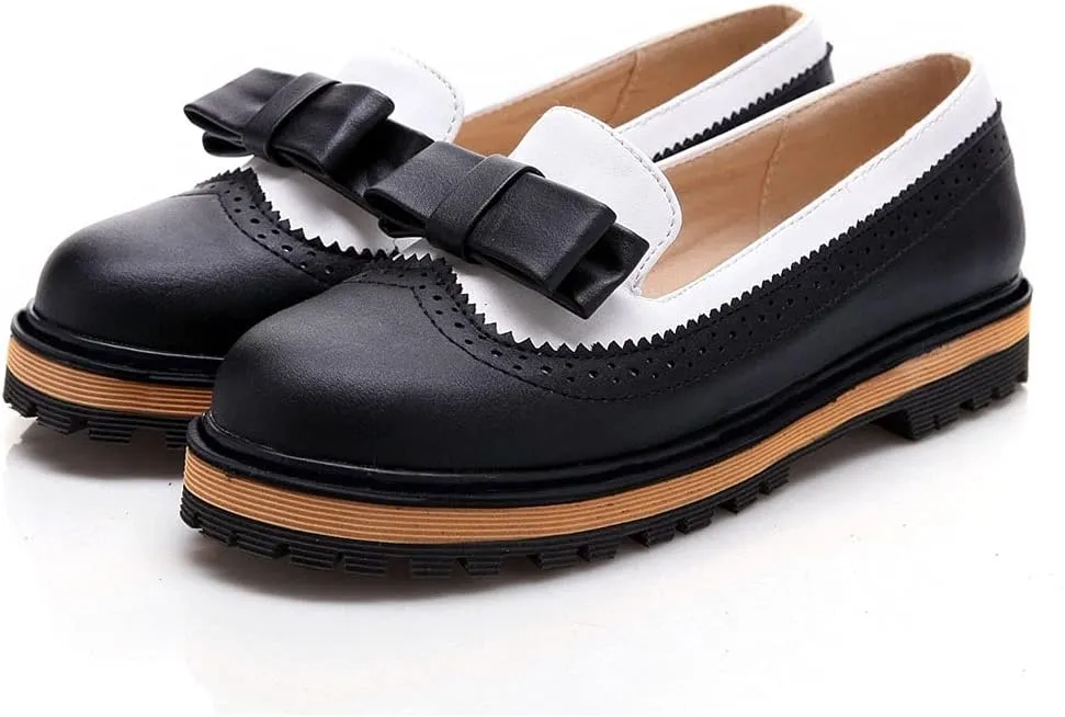 MIOKE Women's Flat Bow Slip On Oxford Shoes Two Tone Wingtip Perforated Low Heels School Oxfords Brogues