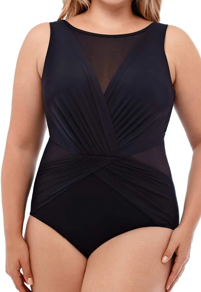 Miraclesuit Women's Swimwear Plus Size Illusionist Palma Tummy Control Soft Cup High Neckline One Piece Swimsuit