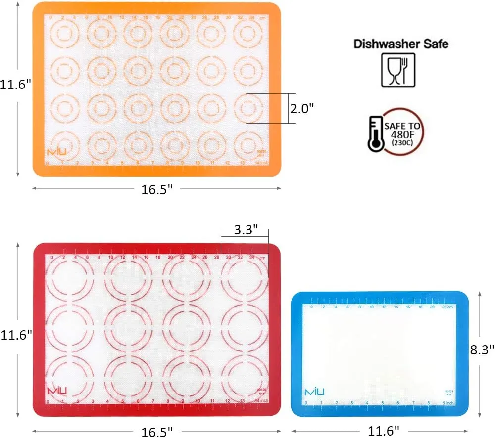 MIU Macaroon Silicone Baking Mat, Non-Stick Cookie Baking Mat, 2 Half Sheets and 1 Quarter Sheet, Perfect Baking Pad Cookie Kit for Macarons, Cake, Bread and Pastry