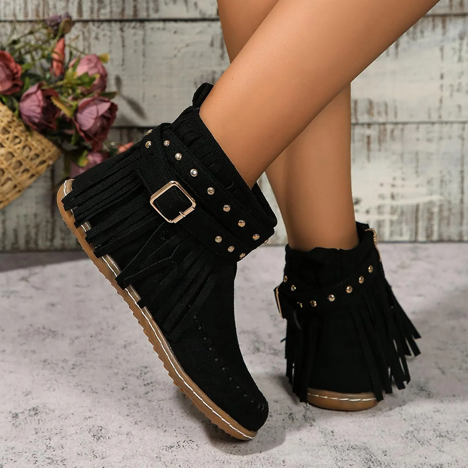Moccasin Boots For Women Suede Fringe Boots Ankle Cowboy Boots Flat Tassel Boots Short Western Boots Ankle Booties