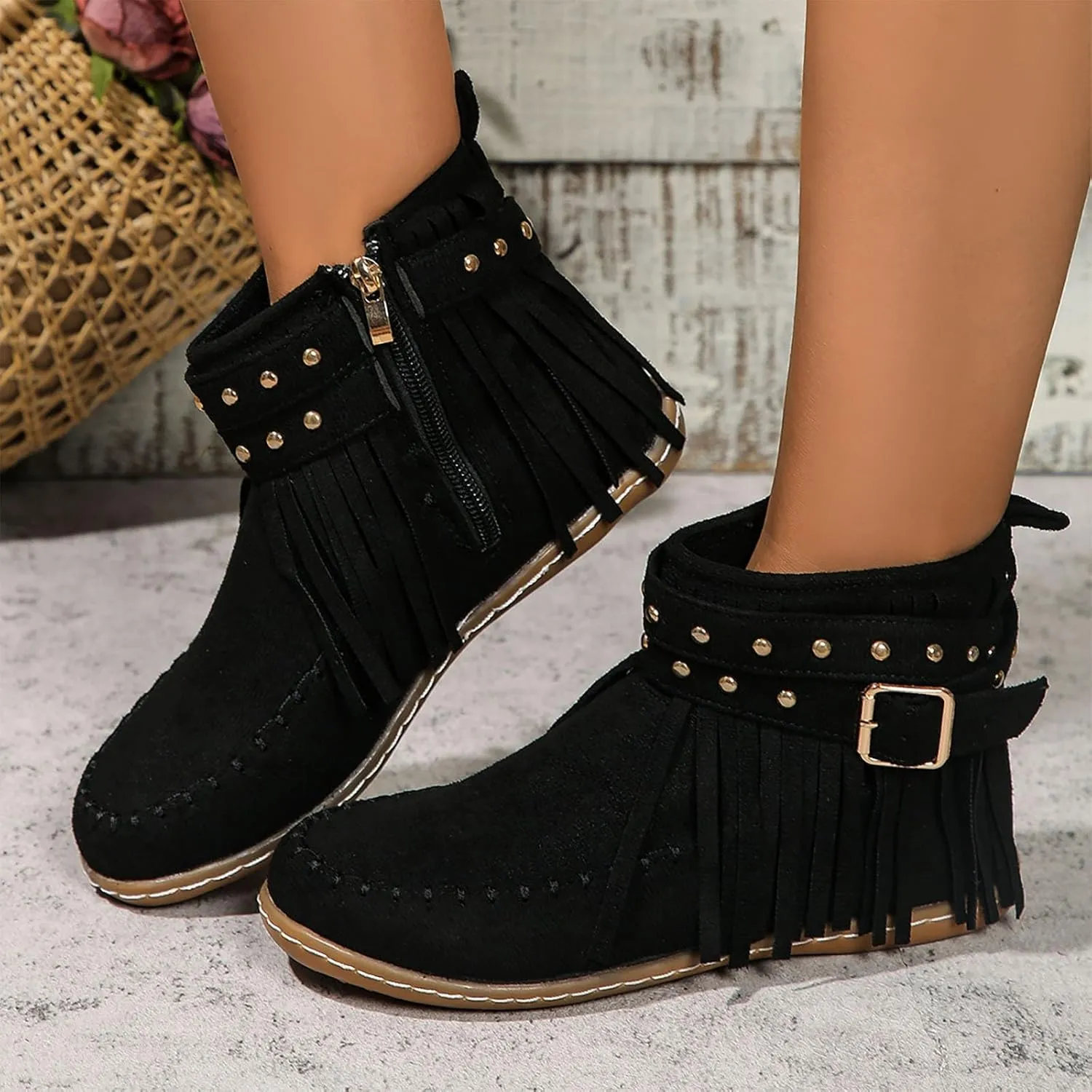 Moccasin Boots For Women Suede Fringe Boots Ankle Cowboy Boots Flat Tassel Boots Short Western Boots Ankle Booties