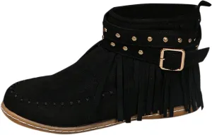 Moccasin Boots For Women Suede Fringe Boots Ankle Cowboy Boots Flat Tassel Boots Short Western Boots Ankle Booties