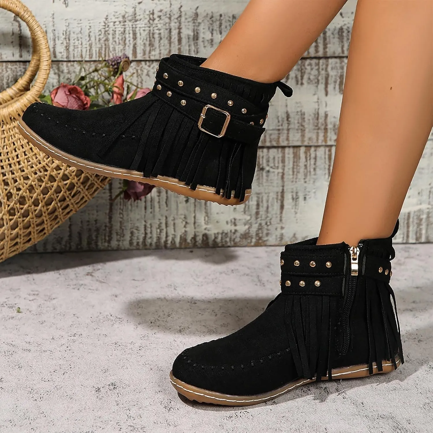 Moccasin Boots For Women Suede Fringe Boots Ankle Cowboy Boots Flat Tassel Boots Short Western Boots Ankle Booties