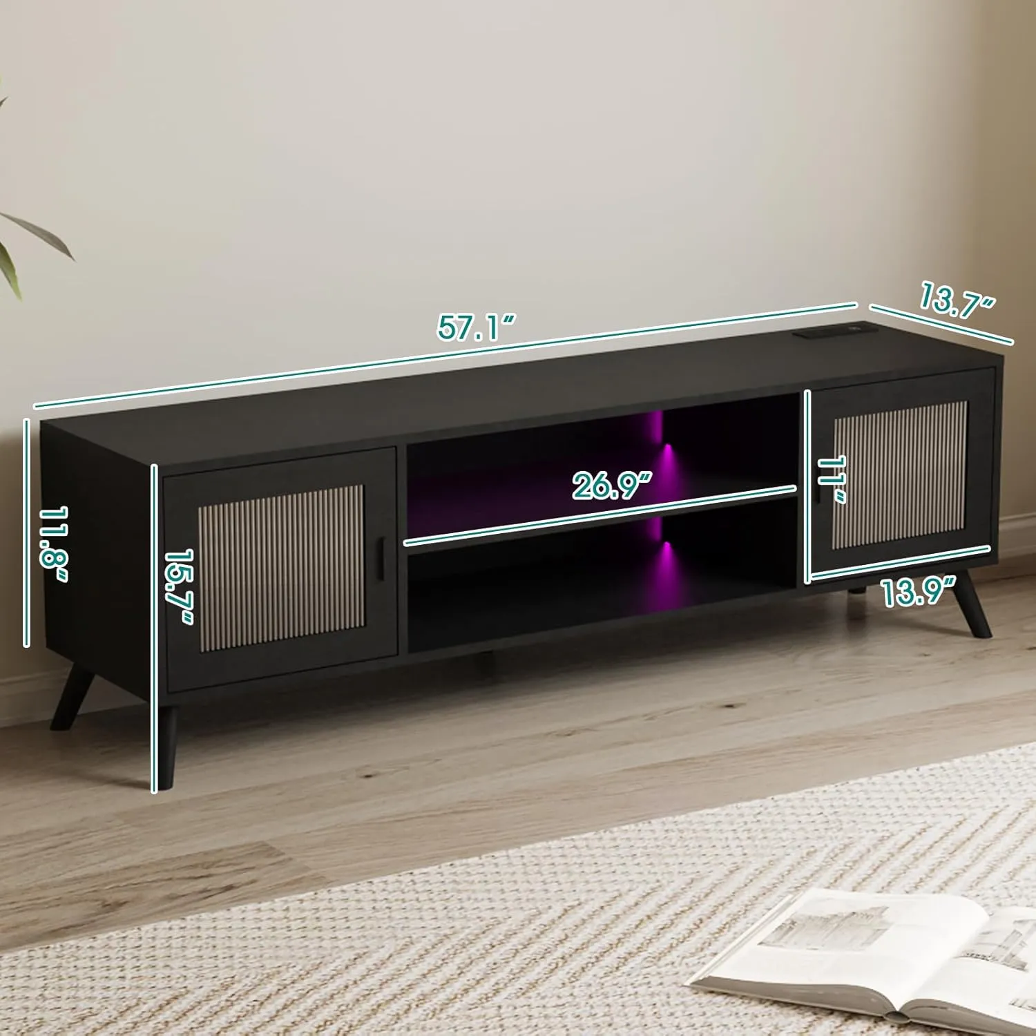 Modern LED TV Stand for 57 Inch TV, Black Entertainment Center with 2 Glass Doors and LED Lights, Power Strip, Glass TV Console Table for Living Room Bedroom Black