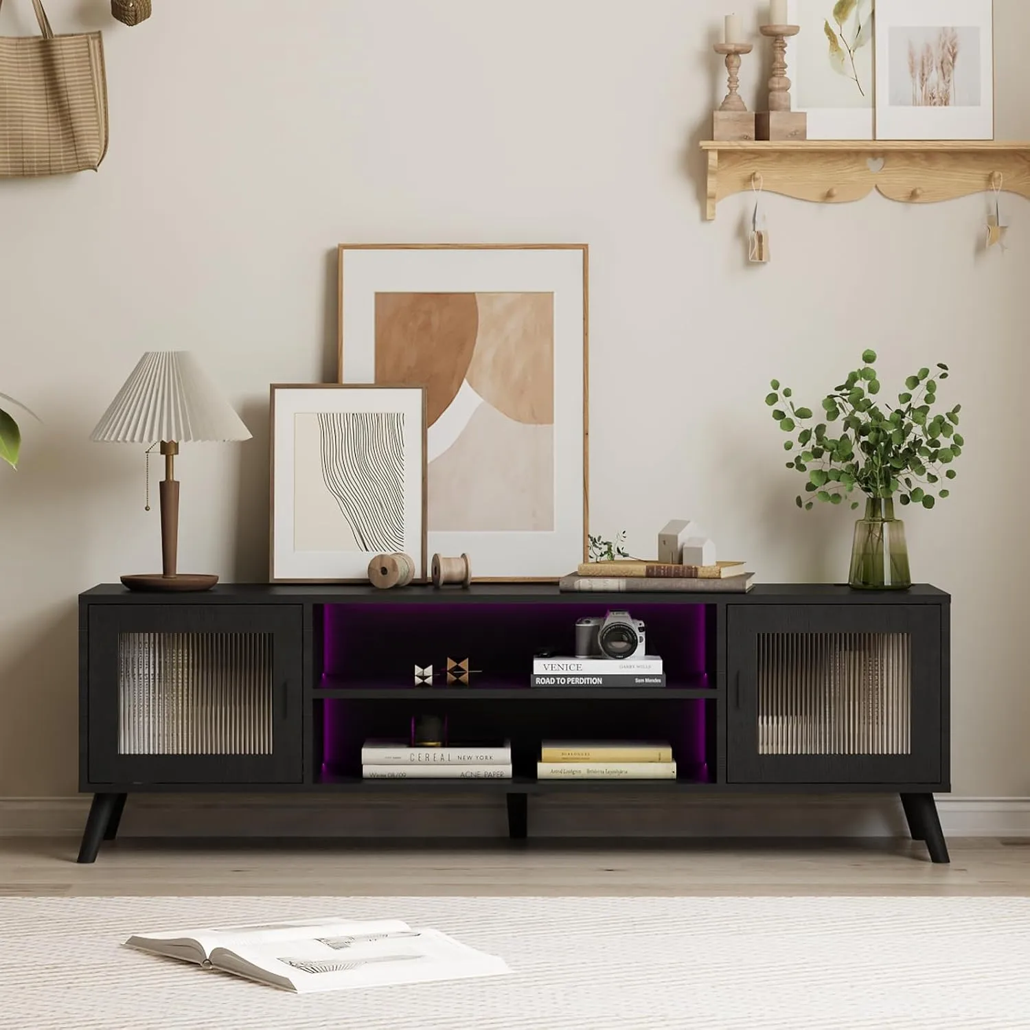 Modern LED TV Stand for 57 Inch TV, Black Entertainment Center with 2 Glass Doors and LED Lights, Power Strip, Glass TV Console Table for Living Room Bedroom Black
