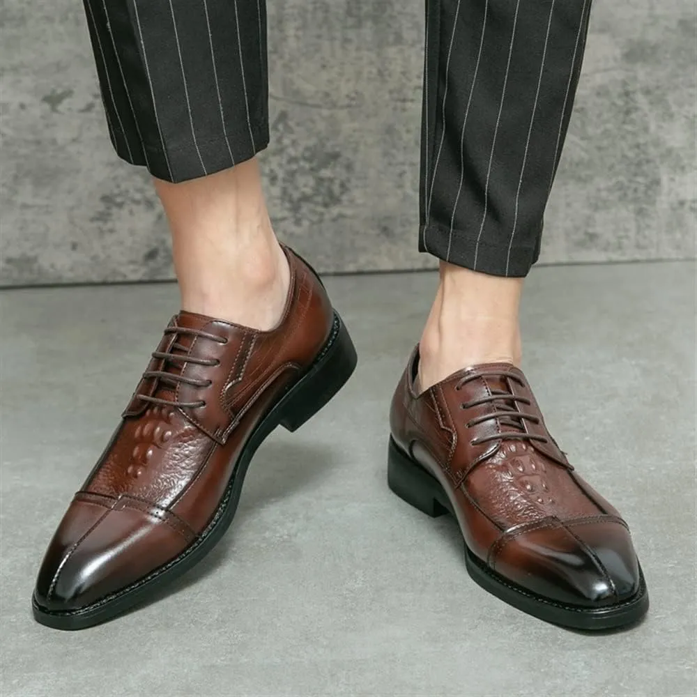 New Formal Oxford Shoes for Men Lace Up Cap Toe Split Toe Crocodile Print Burnished Toe Rubber Sole Non Slip Anti-Slip Block Heel Low Top Party
