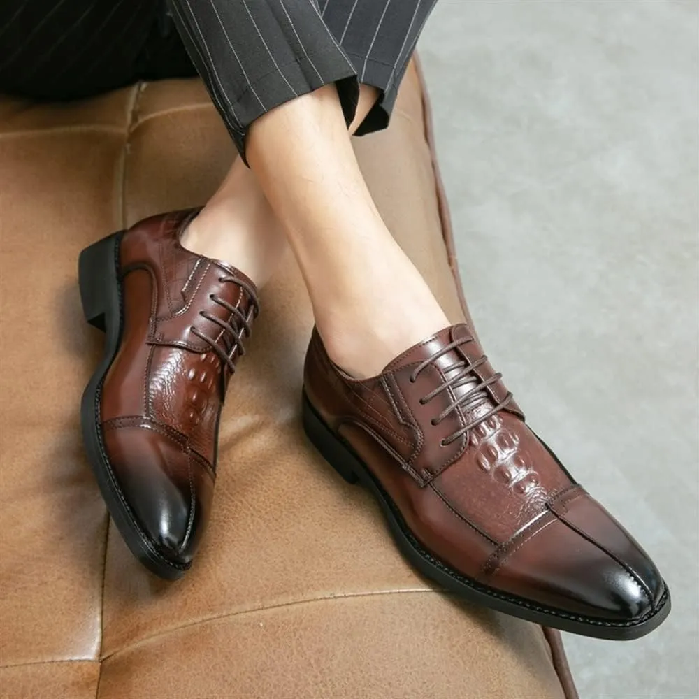 New Formal Oxford Shoes for Men Lace Up Cap Toe Split Toe Crocodile Print Burnished Toe Rubber Sole Non Slip Anti-Slip Block Heel Low Top Party