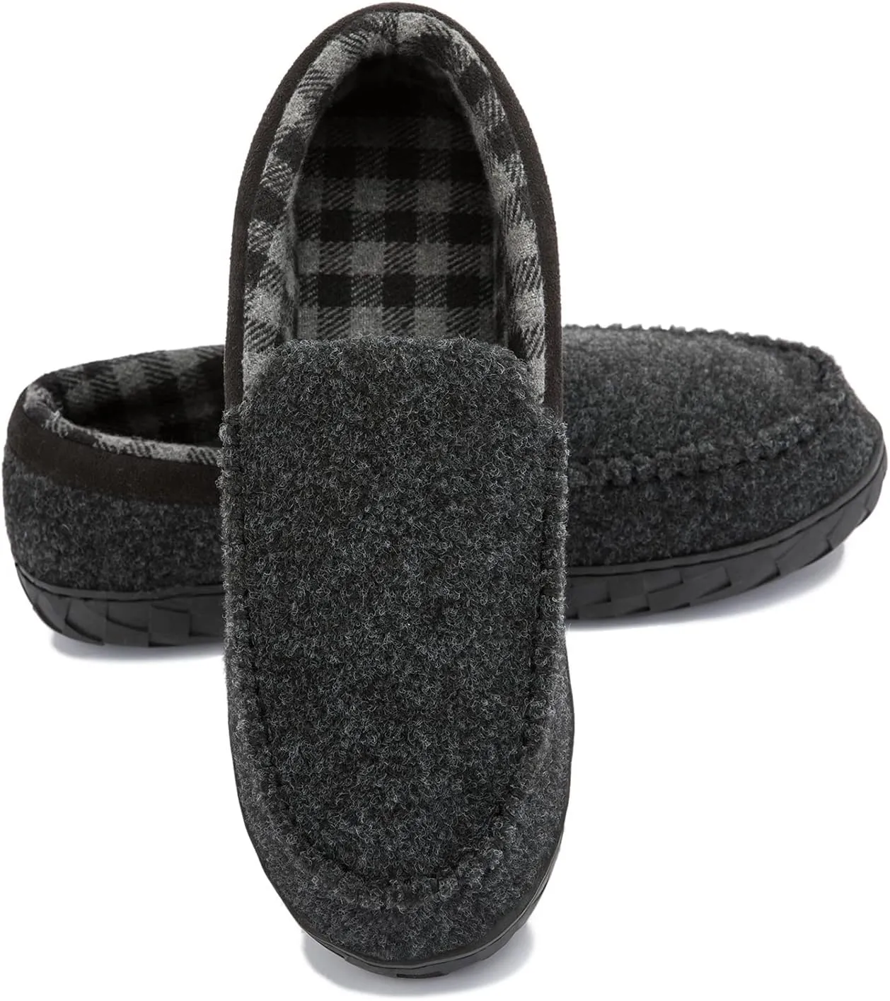 NewDenBer Men's Moccasin Slippers Warm Memory Foam Felted Wool Plush Shearling Lined Slip on Indoor Outdoor House Shoes