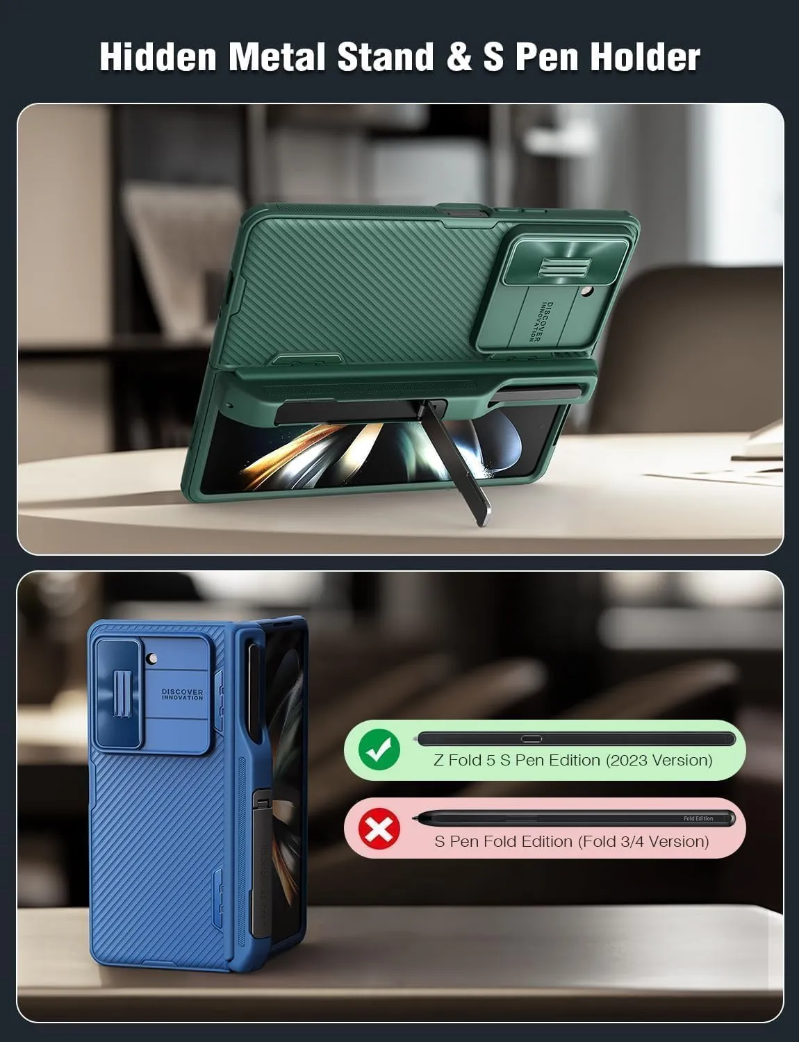 Nillkin for Samsung Galaxy Z Fold 5 Case with S Pen Holder, Hidden Metal Kickstand & Slide Camera Cover & Hinge Protection, Slim Fit Case Full Body Protective Phone Case for Galaxy Z Fold 5, Black