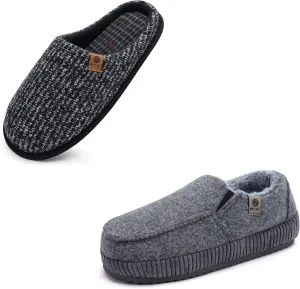 ONCAI Set of 2 Pairs US Size 10,Men's House Memory Foam Slippers(Black) and Men's Corduroy Moccasins Slippers(Grey)