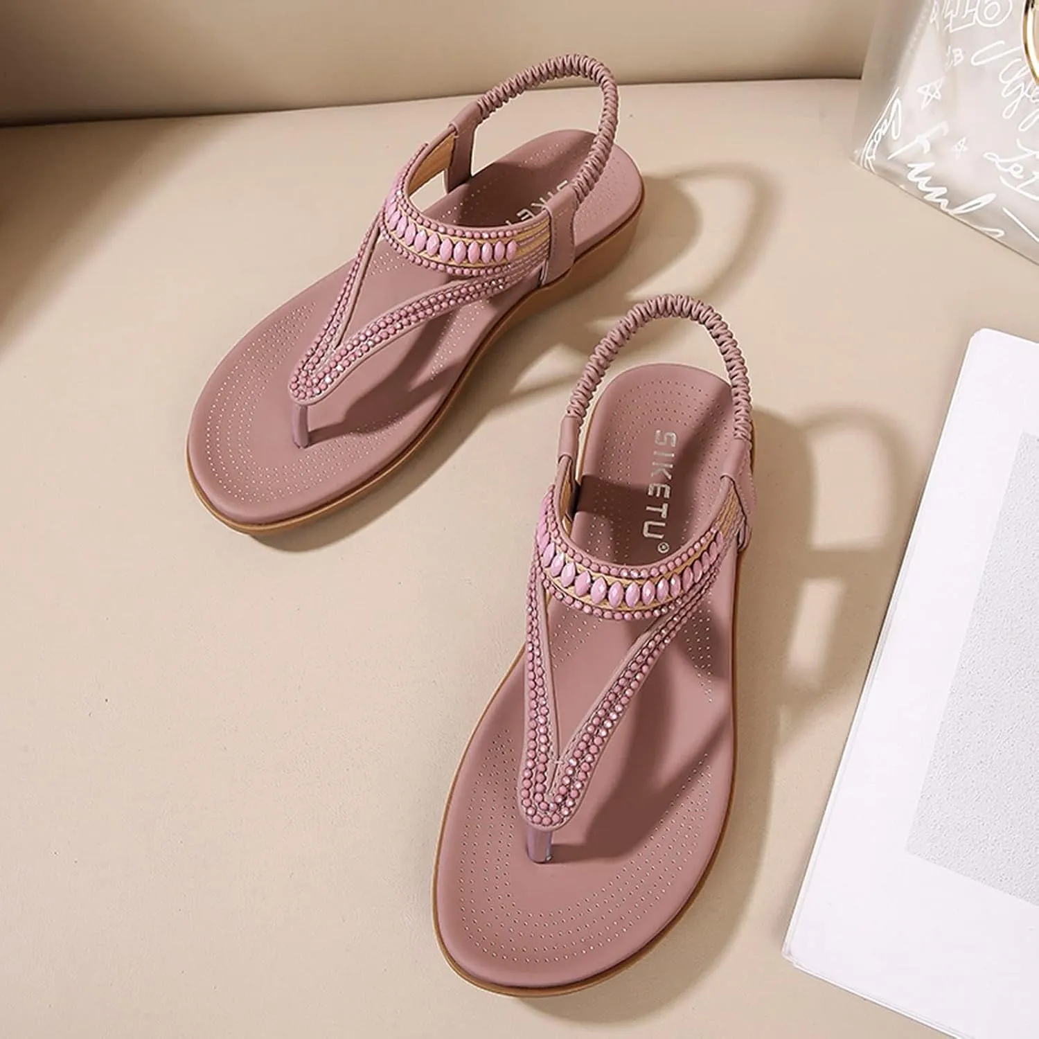Orthopedic Sandals for Women Arch Support Sandals Women's Fashion Rhinestone Beaded Bohemian Sandal Ankle Strap Slip On Flip Flops Beach Comfortable Platform Shoes